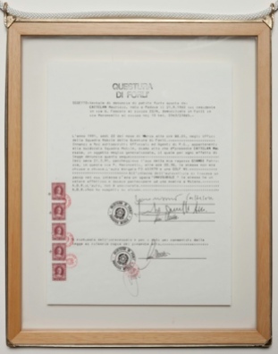 Maurizio Cattelan, Untitled (Denunzia), 1991 (Police certificate owned by Massimiliano Gioni)